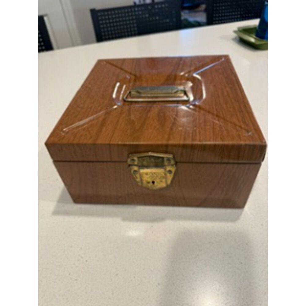 Wood-Grain Home Office Storage Box with Brass Hardware - Brown